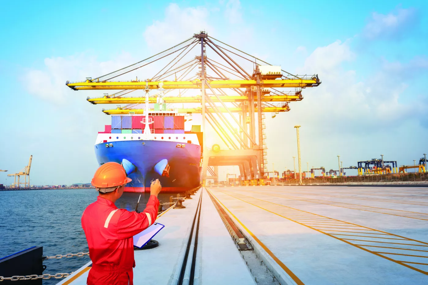  man observing ocean barges being unloaded
