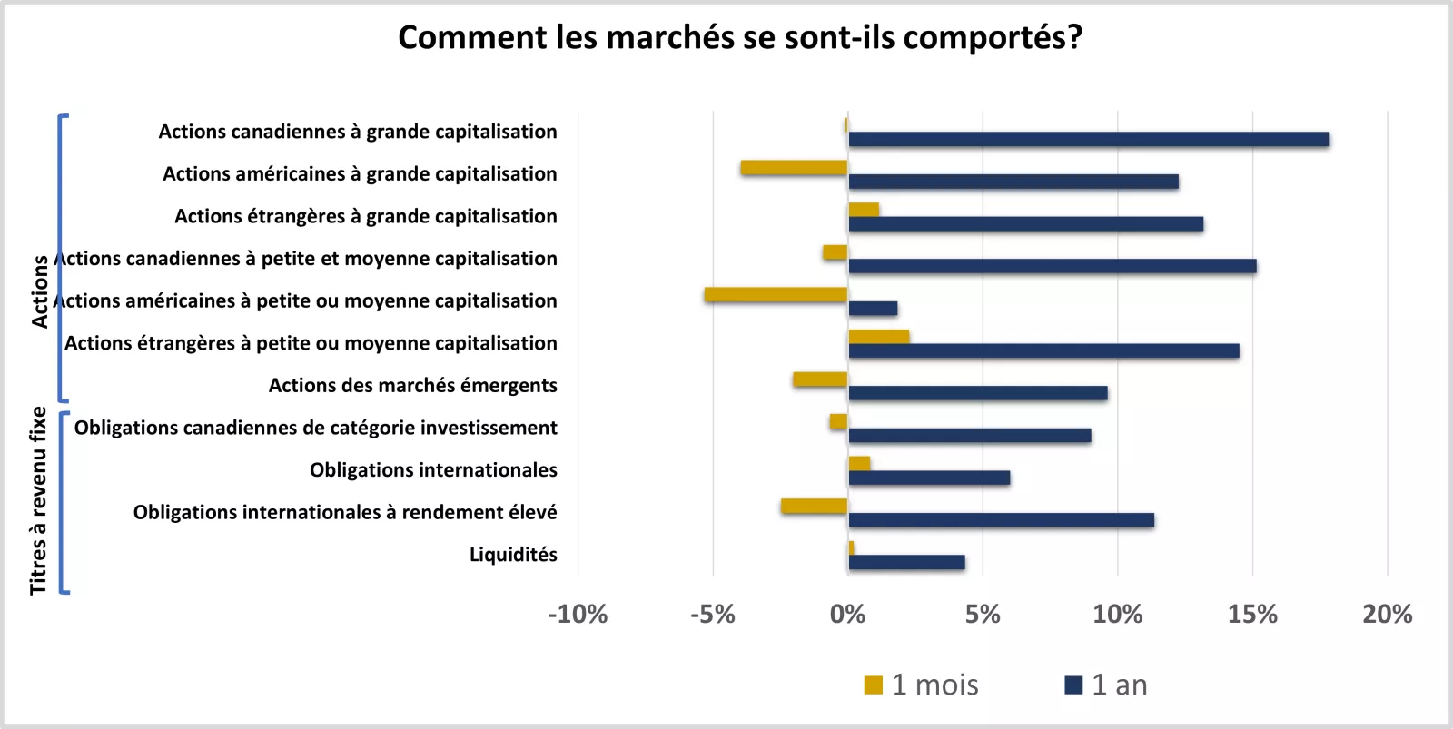 Ce graphique montre les performances des marchés d'actions et de titres à revenu fixe au cours du mois et de l'année précédents.