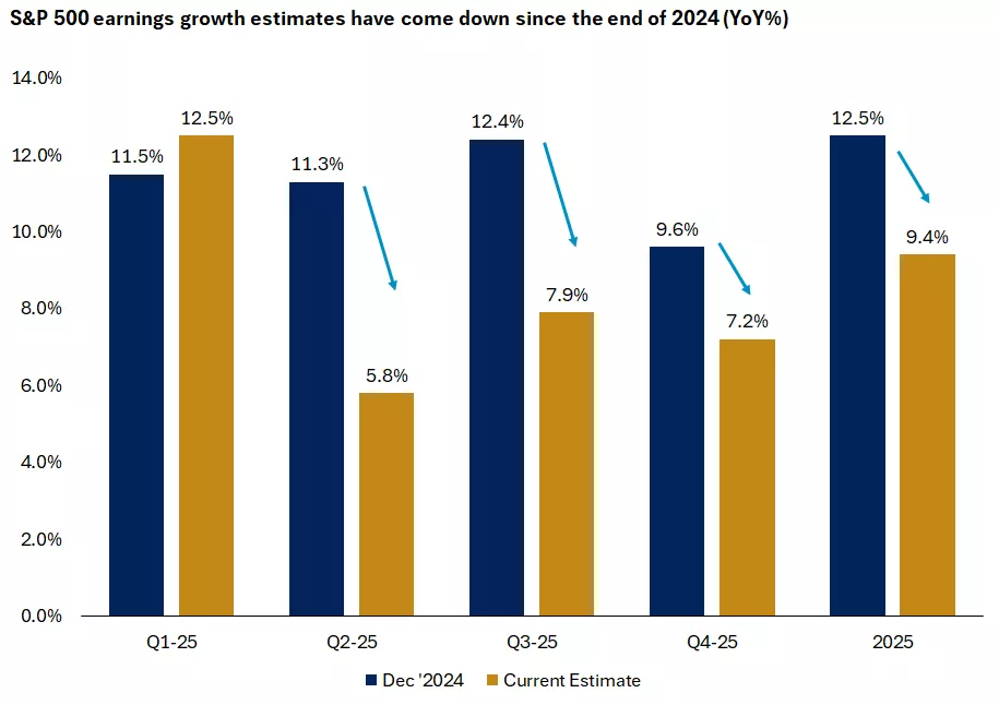 This chart shows that estimates for S&P 500 earnings per share growth in 2025 have fallen relative to expectations at the end of 2024.